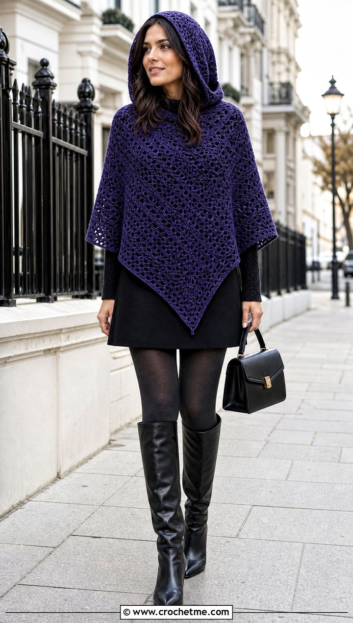 Pointed Hem Hooded Poncho With Mini Skirt - 35 Crochet Hooded Poncho outfit ideas