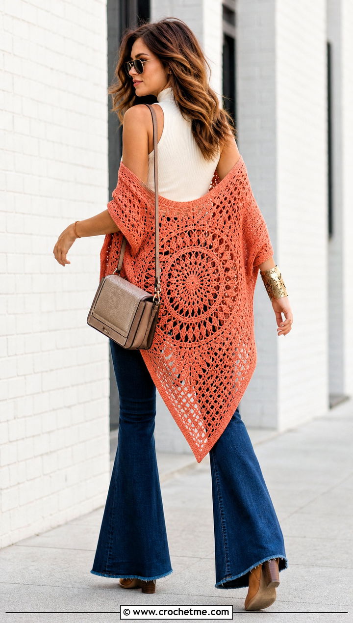 Pointed Hem Mandala Cardigan With Flared Jeans - 30 crochet circle cardigan outfit ideas
