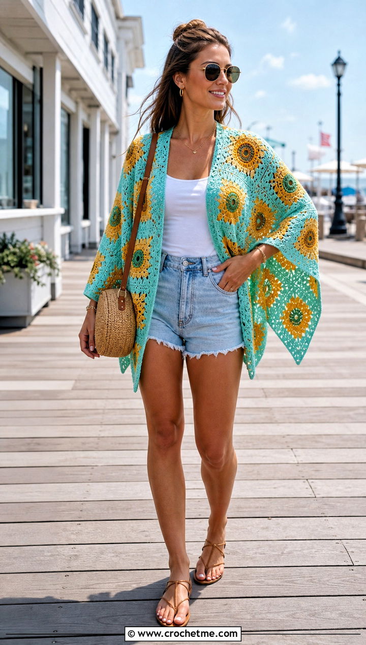 Pointed Hem Mosaic Poncho With Denim Shorts - 15 Mosaic Crochet Poncho outfit ideas