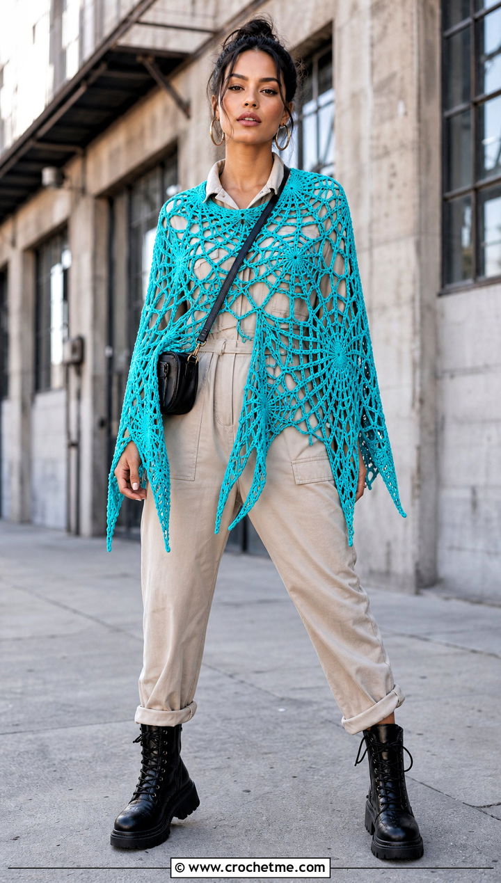 Pointed Hem Spider Web Crochet Poncho With Utility Jumpsuit - 20 Spider Web Crochet Poncho outfit ideas