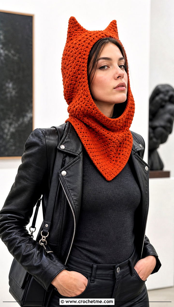 Pointed Hood Crochet Cap Scarf With Moto Jacket - 25 Crochet Cap Scarf outfit ideas