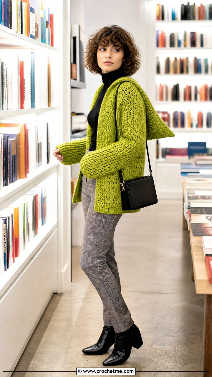 Pointed Hood Crochet Cardigan With Plaid Trousers - 35 crochet hooded cardigan outfit ideas