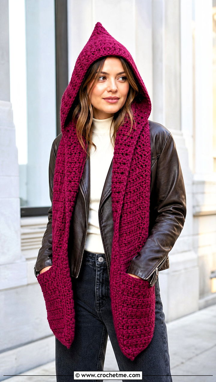 Pointed Hood Crochet Pocket Scarf With Moto Jacket - 25 crochet hooded pocket scarf outfit ideas