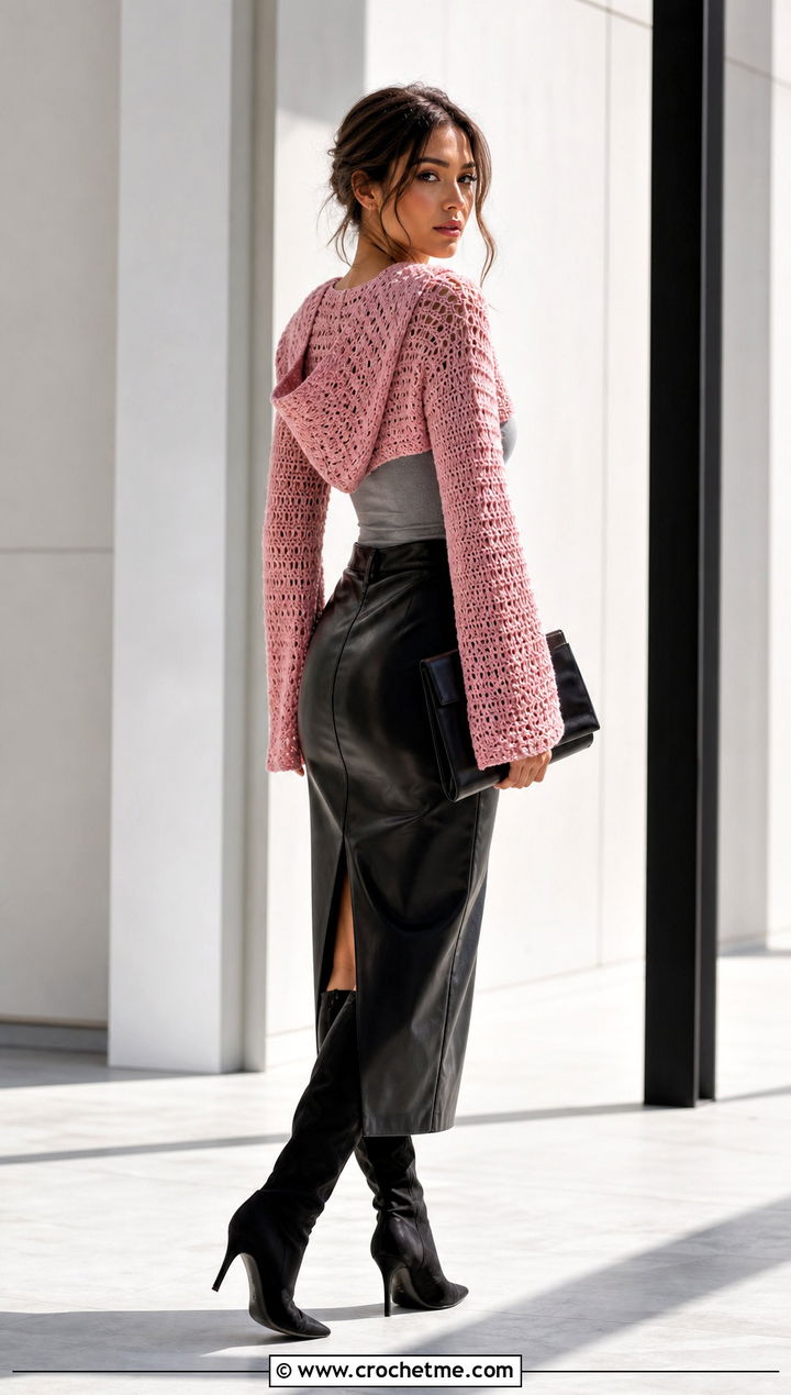 Pointed Hood Crochet Shrug With Leather Skirt - 25 crochet shrug with hood outfit ideas