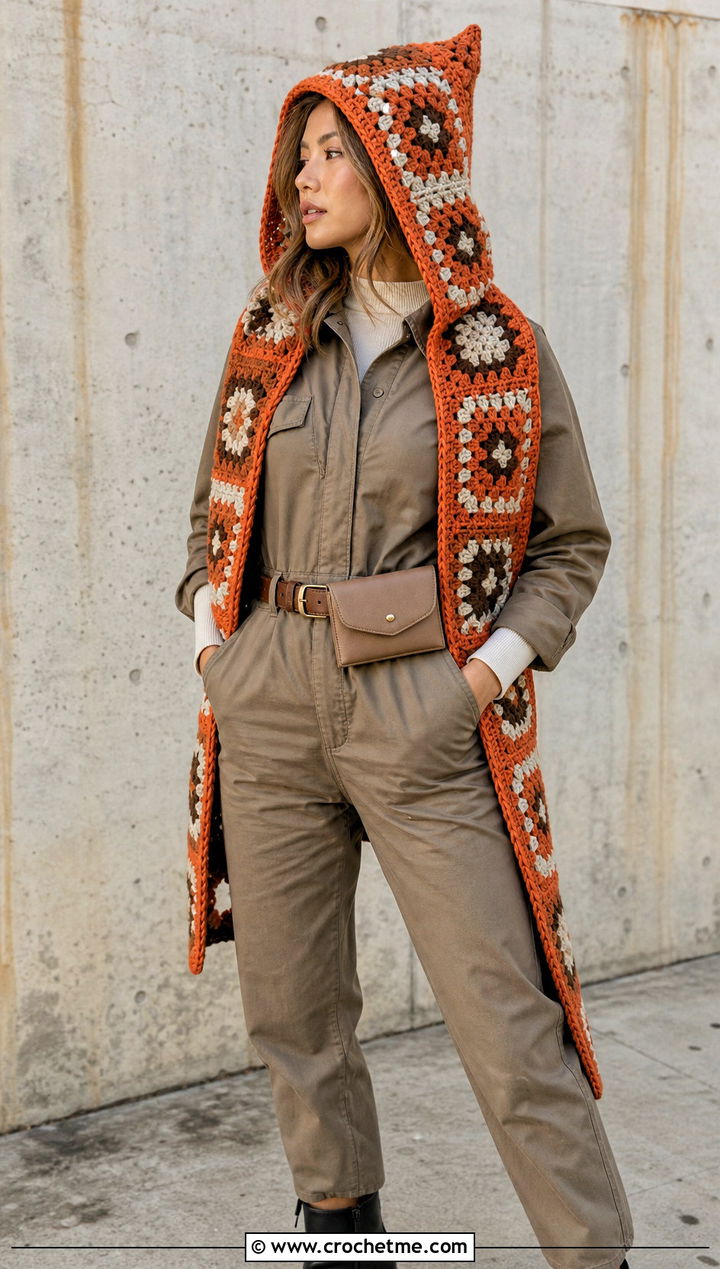 Pointed Hood Granny Square Crochet Hooded Scarf With Utility Jumpsuit - 30 Granny Square Crochet Hooded Scarf outfit ideas