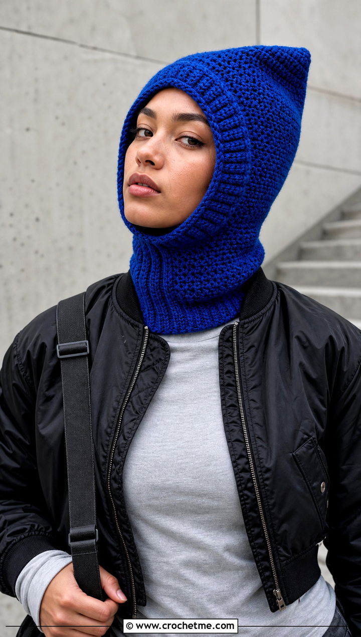 Pointed Hooded Crochet Balaclava With Bomber Jacket - 30 hooded crochet balaclava outfit ideas