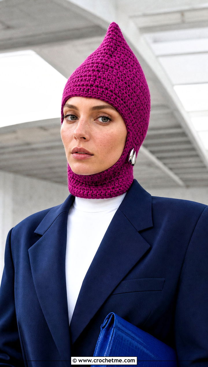 Pointed Pink Crochet Balaclava With Oversized Suit - 25 Pink Crochet Balaclava outfit ideas