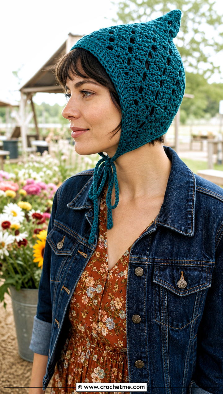 Pointed Pixie Bonnet With Floral Midi Dress And Boots - 25 pointy crochet hat outfit ideas