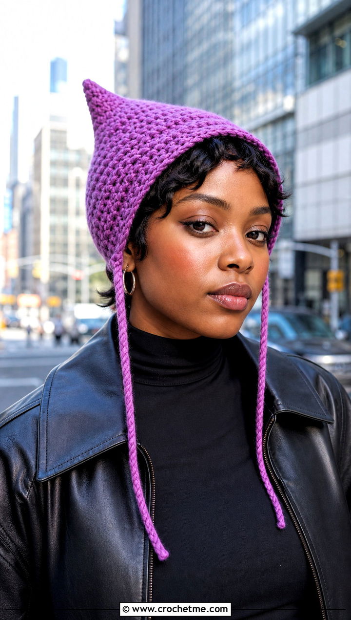 Pointed Pixie Bonnet With Leather Jacket - 25 Crochet Hair Bonnet outfit ideas