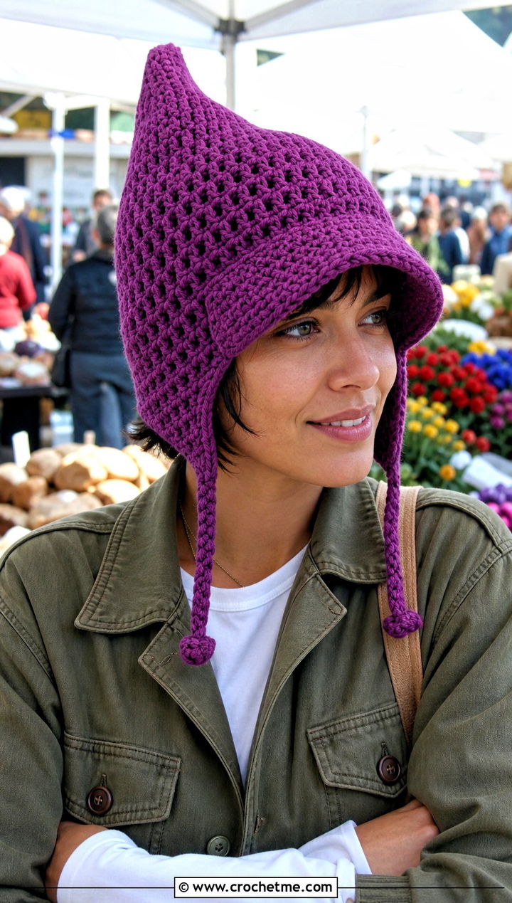 Pointed Pixie Crochet Flap Hat With Utility Jacket - 30 crochet flap hat outfit ideas