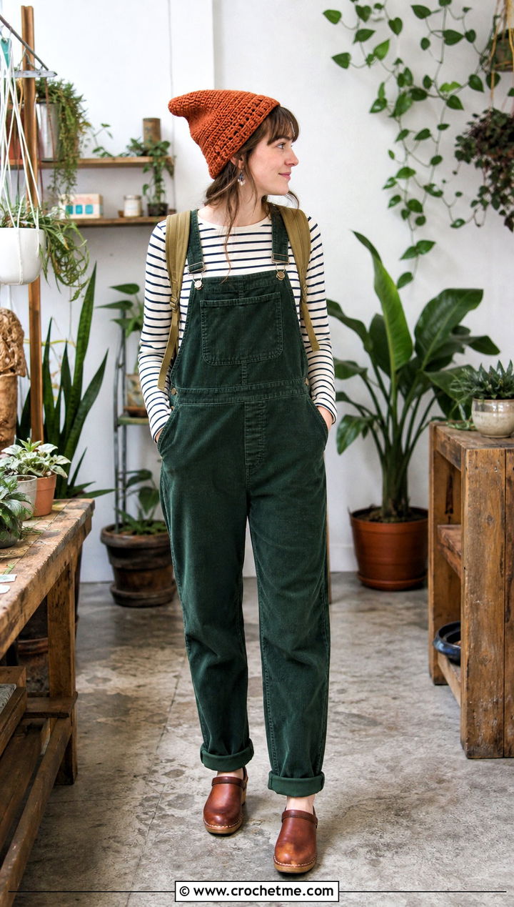 Pointed Pixie Crochet Hat With Corduroy Overalls - 35 crocheted hats outfit ideas