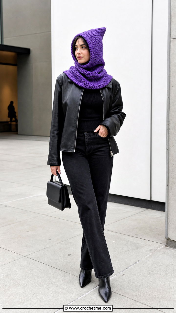 Pointed Pixie Crochet Hood Scarf With Leather Jacket - 35 crochet hood scarf outfit ideas