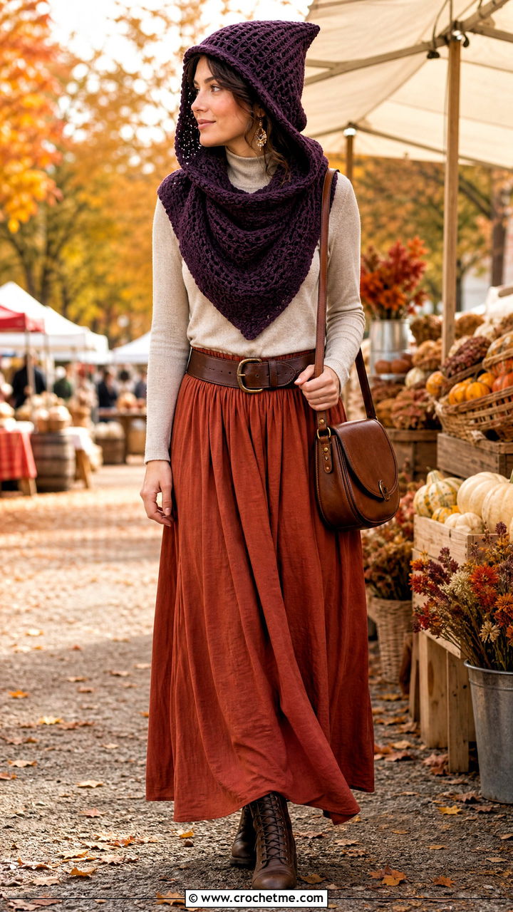 Pointed Pixie Crochet Hooded Cowl With Maxi Skirt - 35 crochet hooded cowl outfit ideas