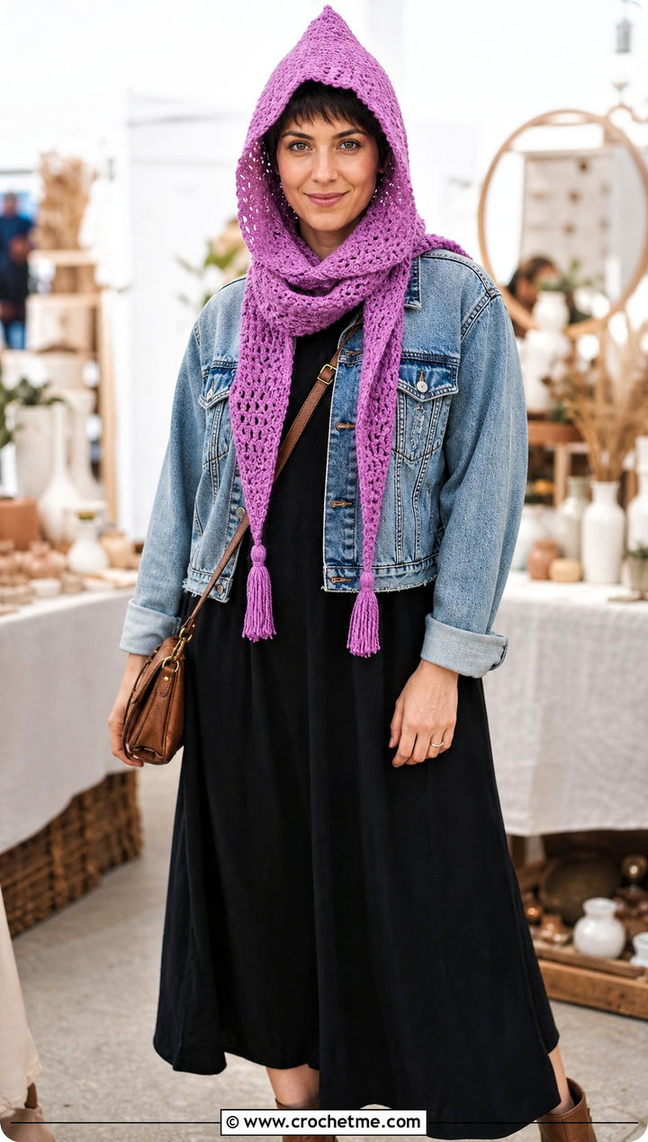Pointed Pixie Crochet Scarf Hood With Maxi Dress - 30 crochet scarf hood outfit ideas