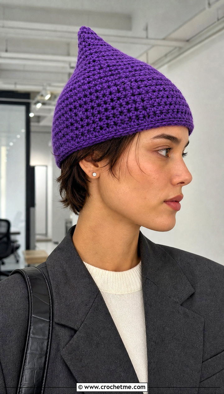 Pointed Pixie Crochet Stocking Hat With Tailored Blazer - 25 easy crochet stocking hat outfit ideas