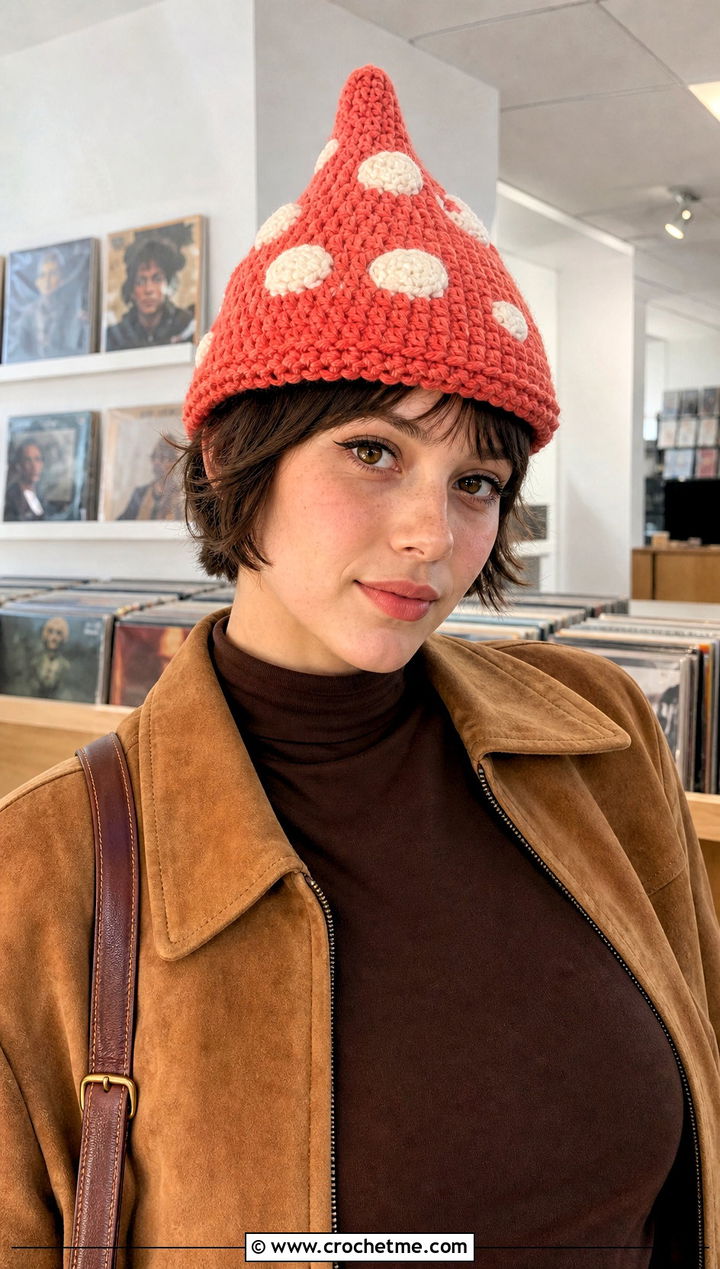 Pointed Pixie Crochet Toadstool Hat With Flared Jeans - 15 Crochet Toadstool Hat outfit ideas