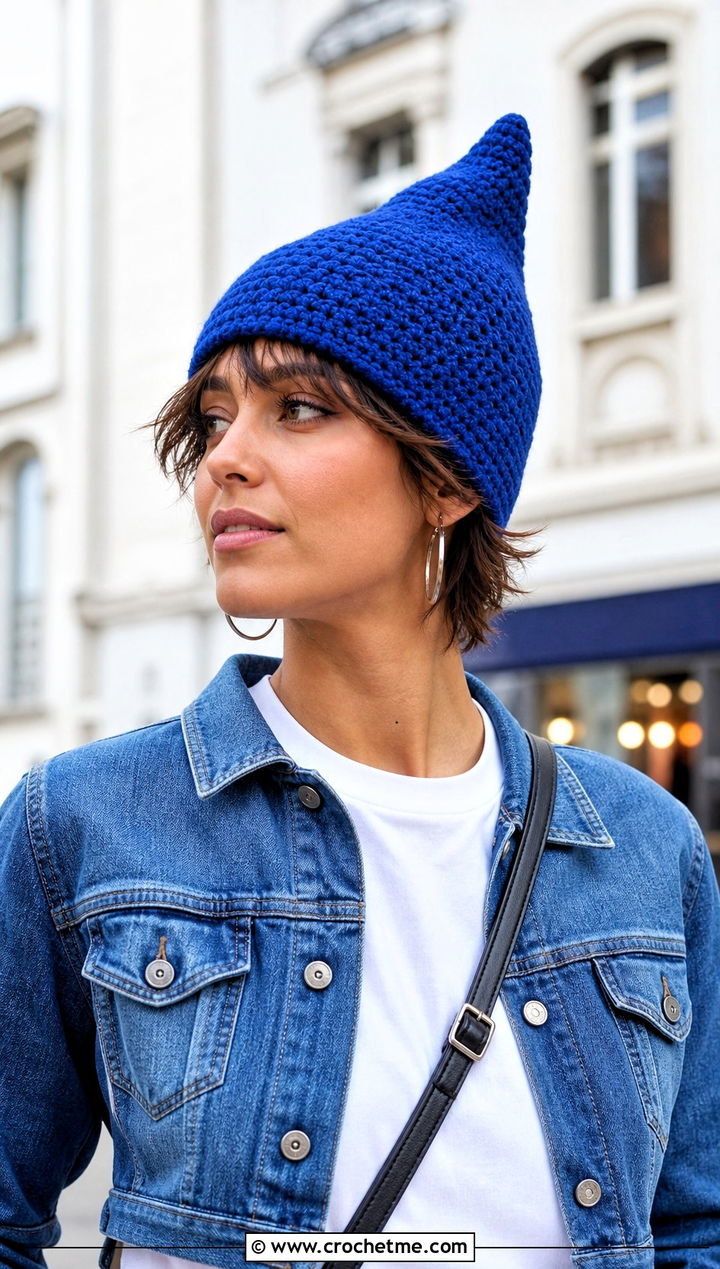 Pointed Pixie Hat With Denim Jacket And Wide Leg Jeans - 20 Crochet Fairy Hat outfit ideas