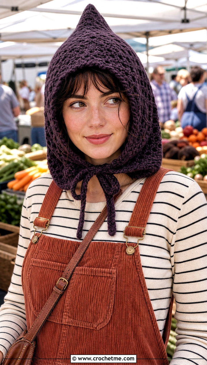 Pointed Pixie Hood Scarf With Corduroy Overalls - 25 Crochet Hoodie Scarf outfit ideas