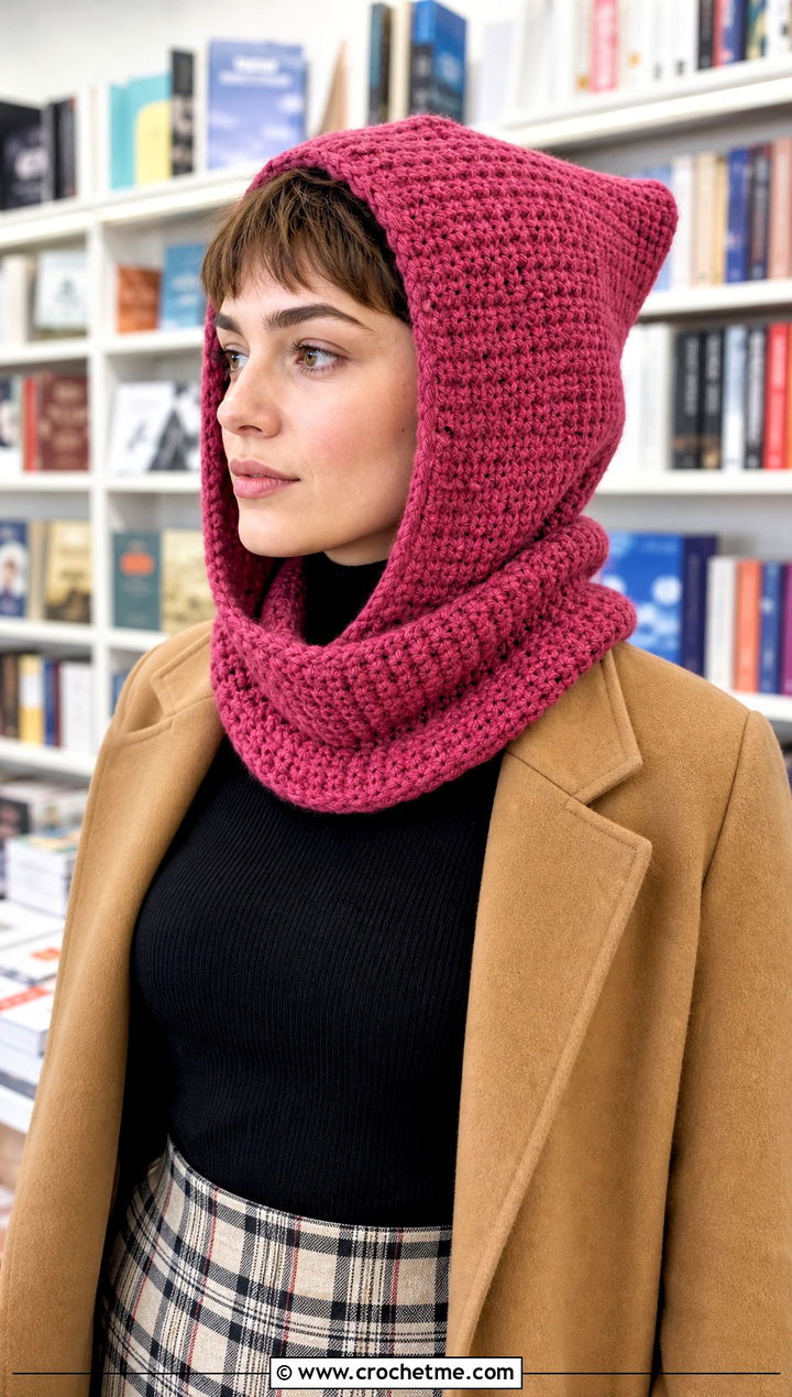Pointed Pixie Hooded Crochet Cowl Snood With Plaid Skirt - 25 hooded crochet cowl snood outfit ideas