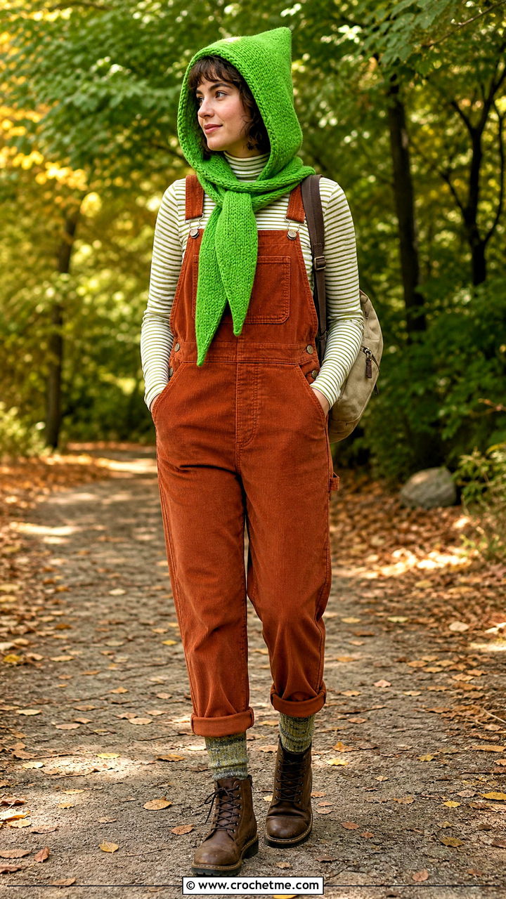 Pointed Pixie Hooded Scarf With Corduroy Overalls - 35 crochet hooded scarf outfit ideas