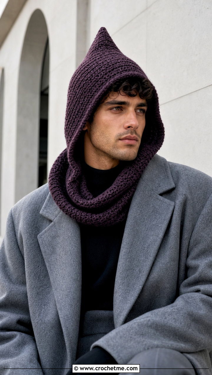 Pointed Pixie Hooded Scarf With Oversized Coat - 20 Crochet Hooded Scarf For Men outfit ideas