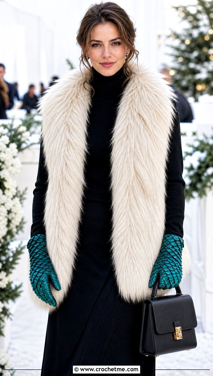 Pointed Scale Crochet Gloves With Faux Fur Vest - 30 dragon scale crochet gloves outfit ideas