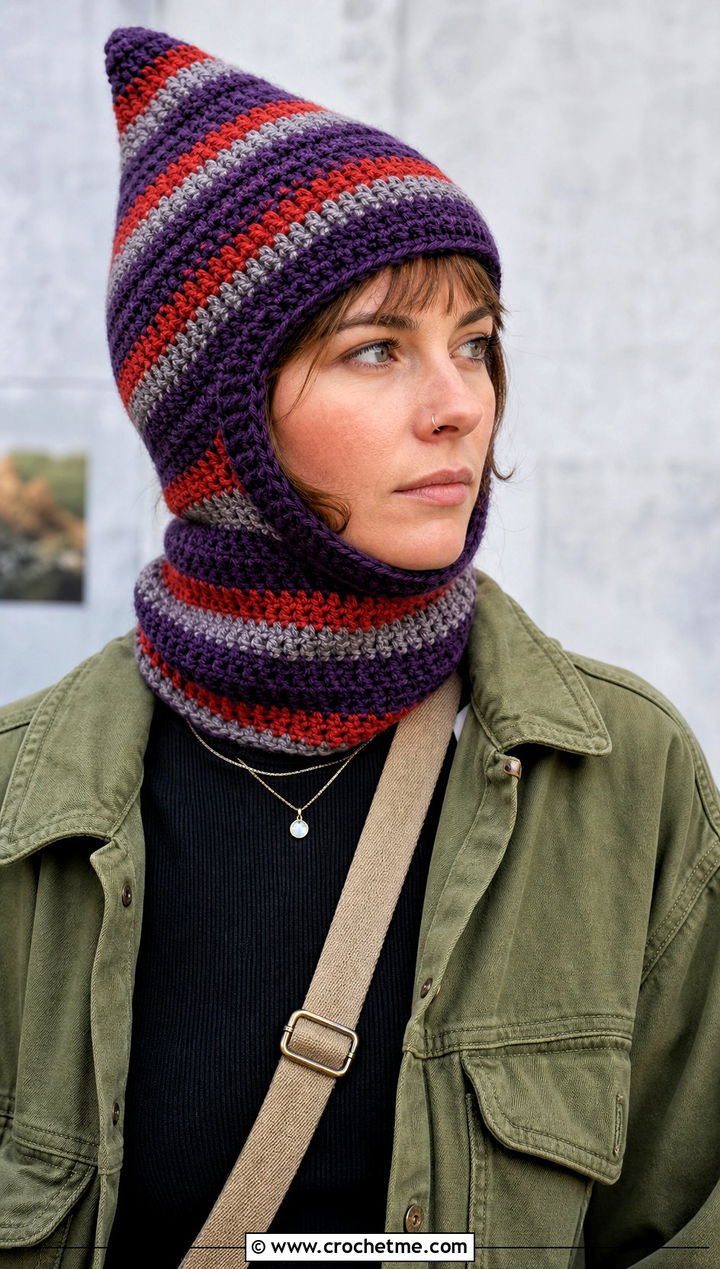 Pointed Striped Crochet Balaclava With Utility Jacket - 15 Striped Crochet Balaclava outfit ideas