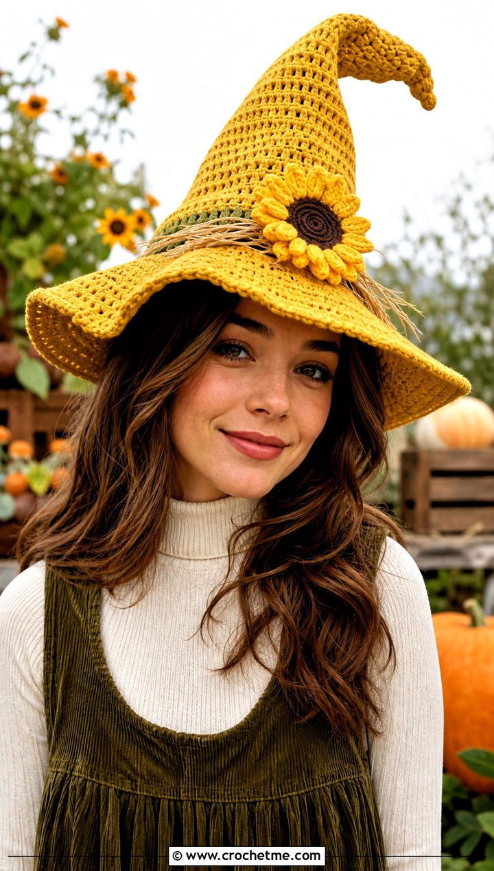 Pointed Sunflower Crochet Scarecrow Hat With Corduroy Dress - 30 crochet scarecrow hat outfit ideas