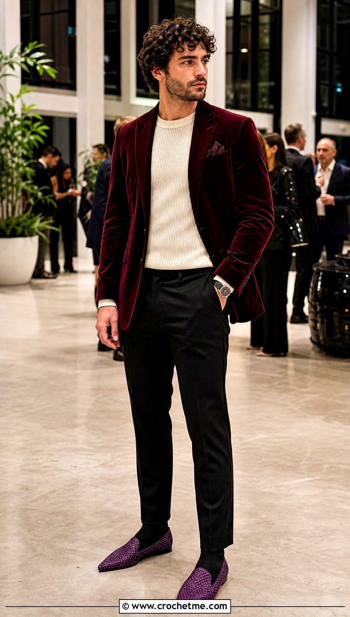 Pointed Toe Crochet Slippers With Velvet Blazer and Trousers - 35 mens crochet slippers outfit ideas