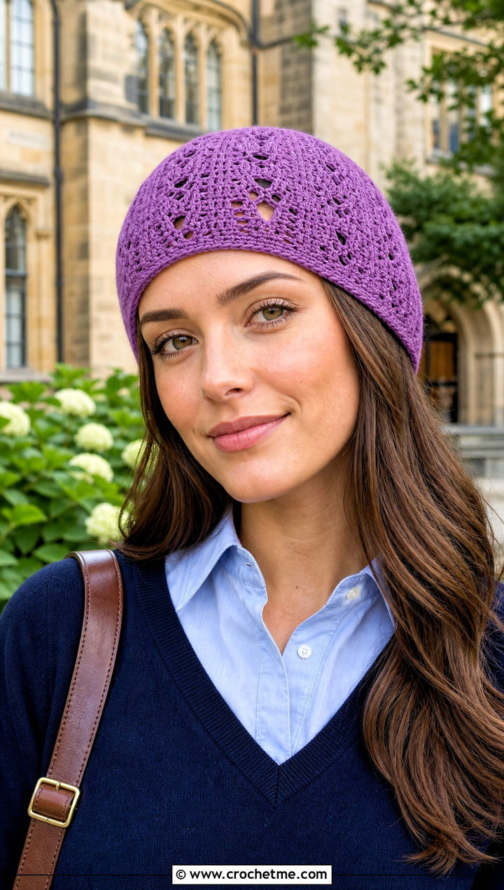 Pointelle Crochet Beanie With Preppy Layers - 30 crochet beanies for women outfit ideas