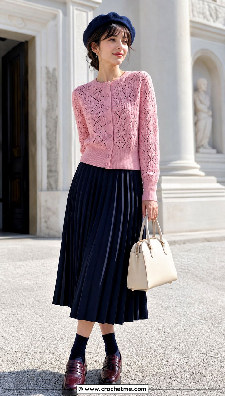 Pointelle Crochet Cardigan With Beret and Pleated Midi Skirt - 15 Crochet Cardigan With Hat outfit ideas