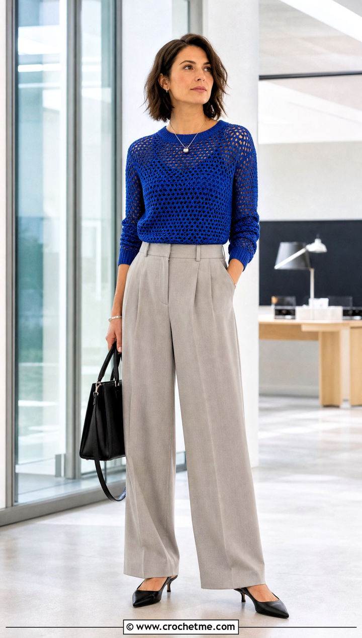 Pointelle Crochet Crewneck With Wide Leg Trousers - 15 Open Knit Crochet Sweater outfit ideas