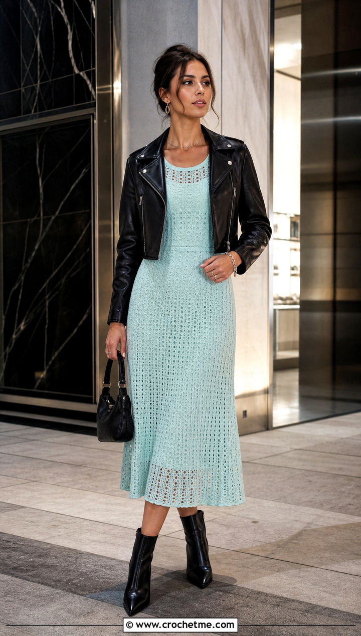 Pointelle Crochet Knit Midi Dress With Moto Jacket - 35 Crochet Knit Dress outfit ideas