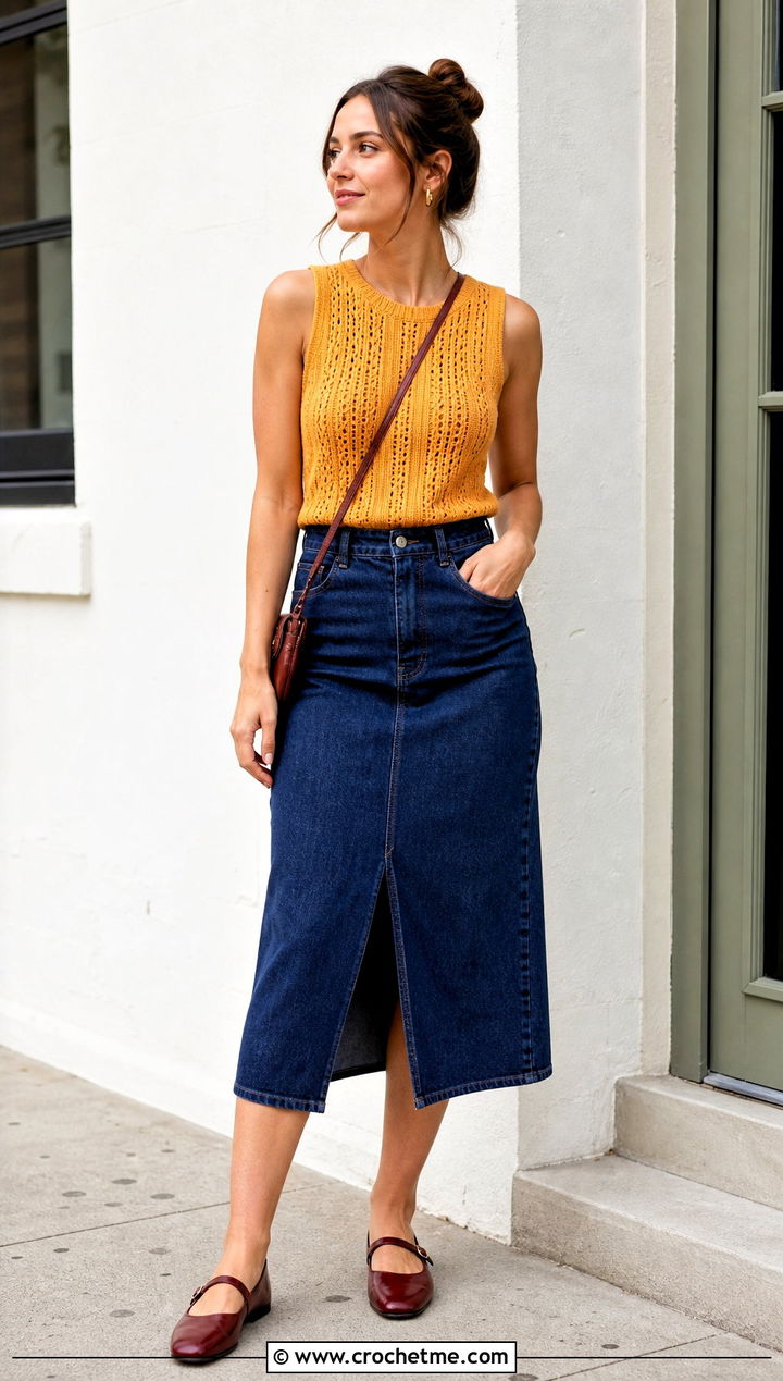 Pointelle Crochet Ribbed Vest With Denim Midi Skirt - 20 crochet ribbed vest outfit ideas