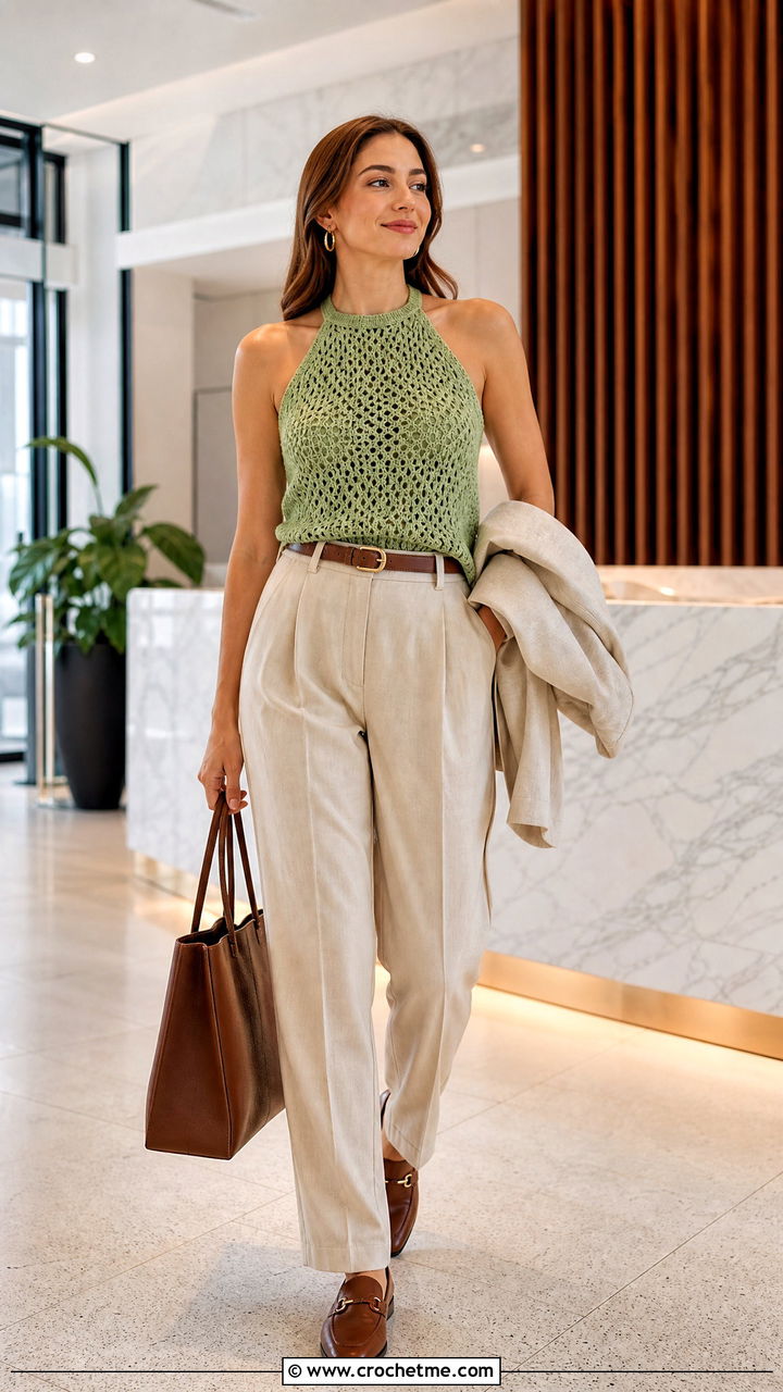 Pointelle Halter Neck Crochet Top With Pleated Trousers - 35 halter neck crochet top outfit ideas