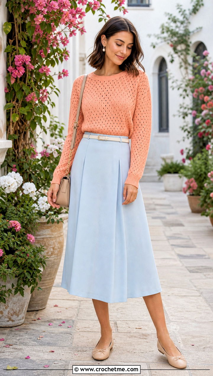 Pointelle Knit Sweater With A Line Skirt - 30 Knit And Crochet Sweater outfit ideas