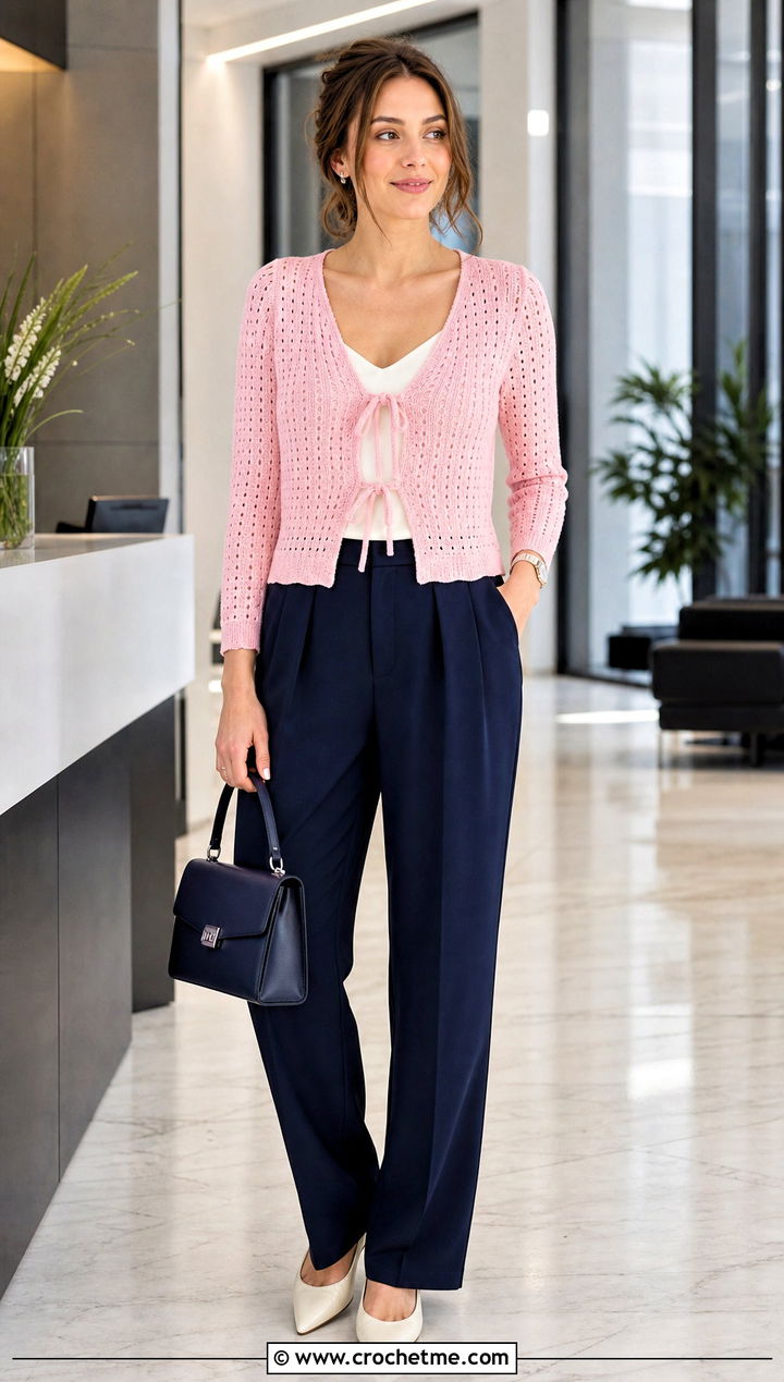 Pointelle Tie Cardigan With Tailored Trousers - 35 crochet tie cardigan outfit ideas
