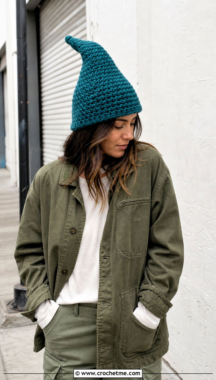 Pointy Gnome Crochet Hat With Chore Jacket and Cargo Pants - 20 Pointed Crochet Hat outfit ideas