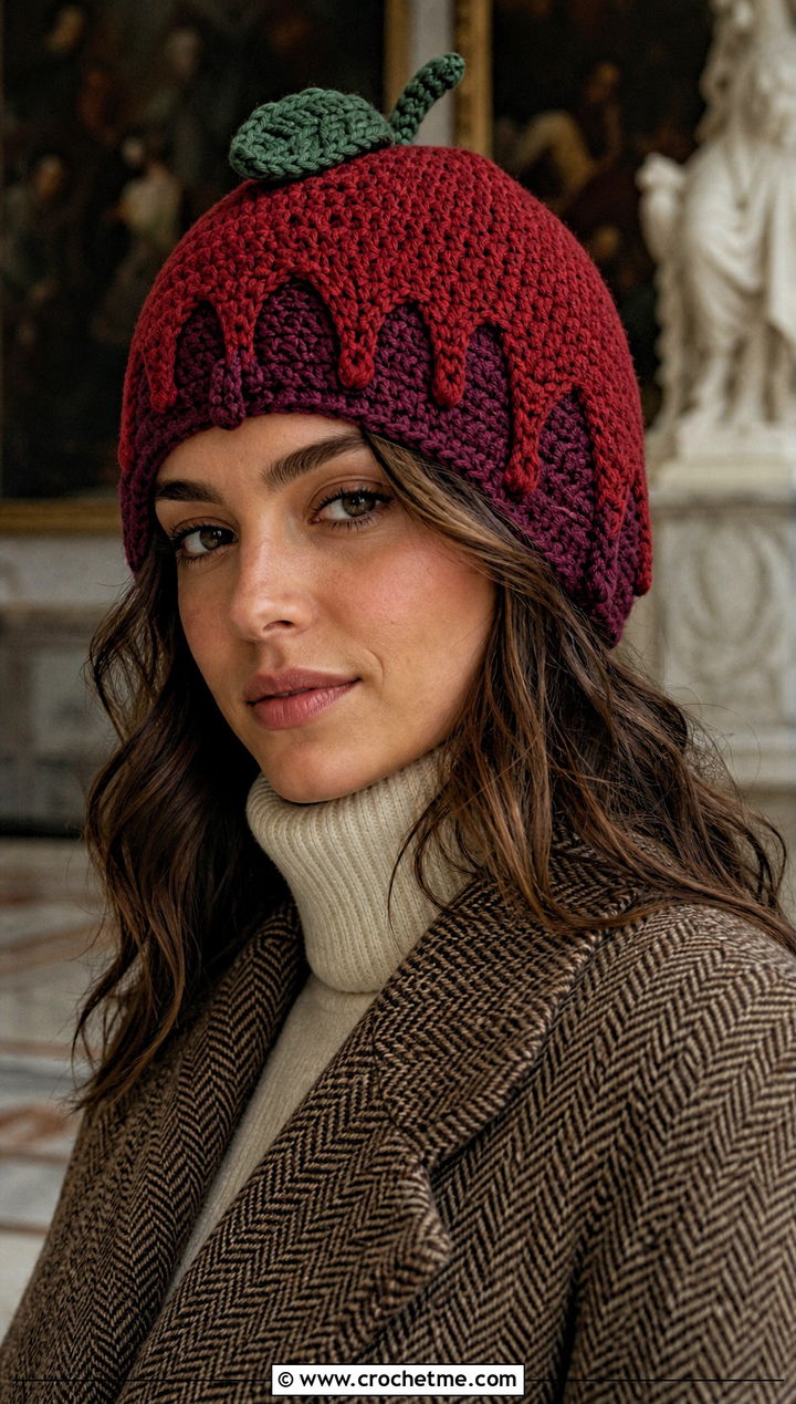 Poison Apple Beanie With Tweed Jacket - 25 Halloween Crochet Beanies outfit ideas