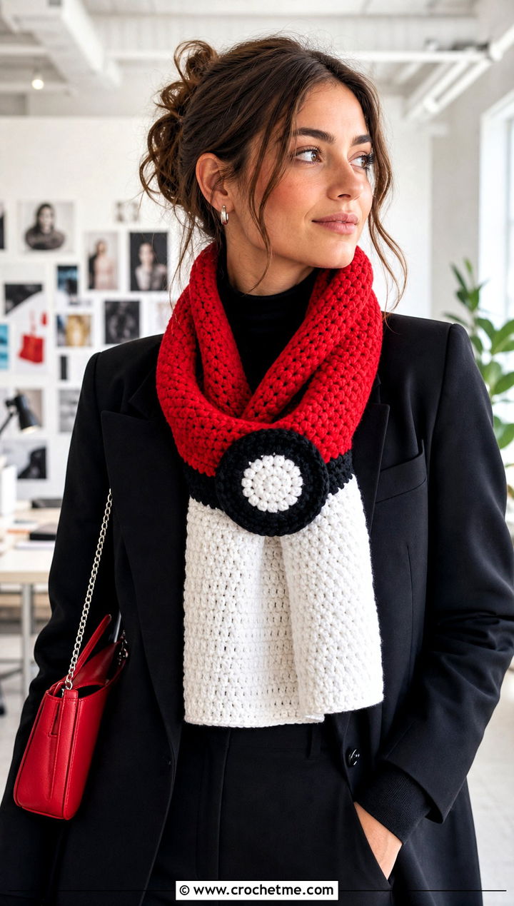 Poke Ball Color Block Scarf With Black Blazer - 25 Crochet Pokemon Scarf outfit ideas