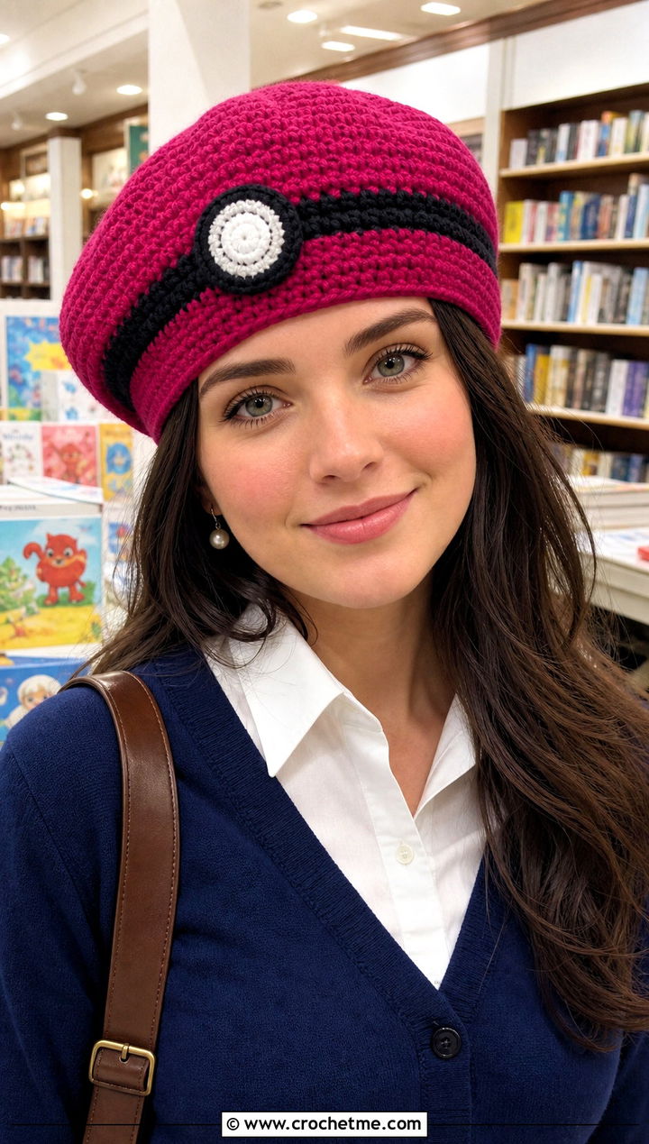 Pokeball Crochet Beret With Cardigan And Trousers Outfit - 20 Pokeball Crochet Hat outfit ideas