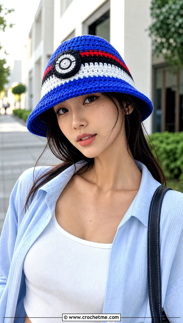 Pokeball Crochet Bucket Hat With Cargo Pants Outfit - 20 Pokeball Crochet Hat outfit ideas