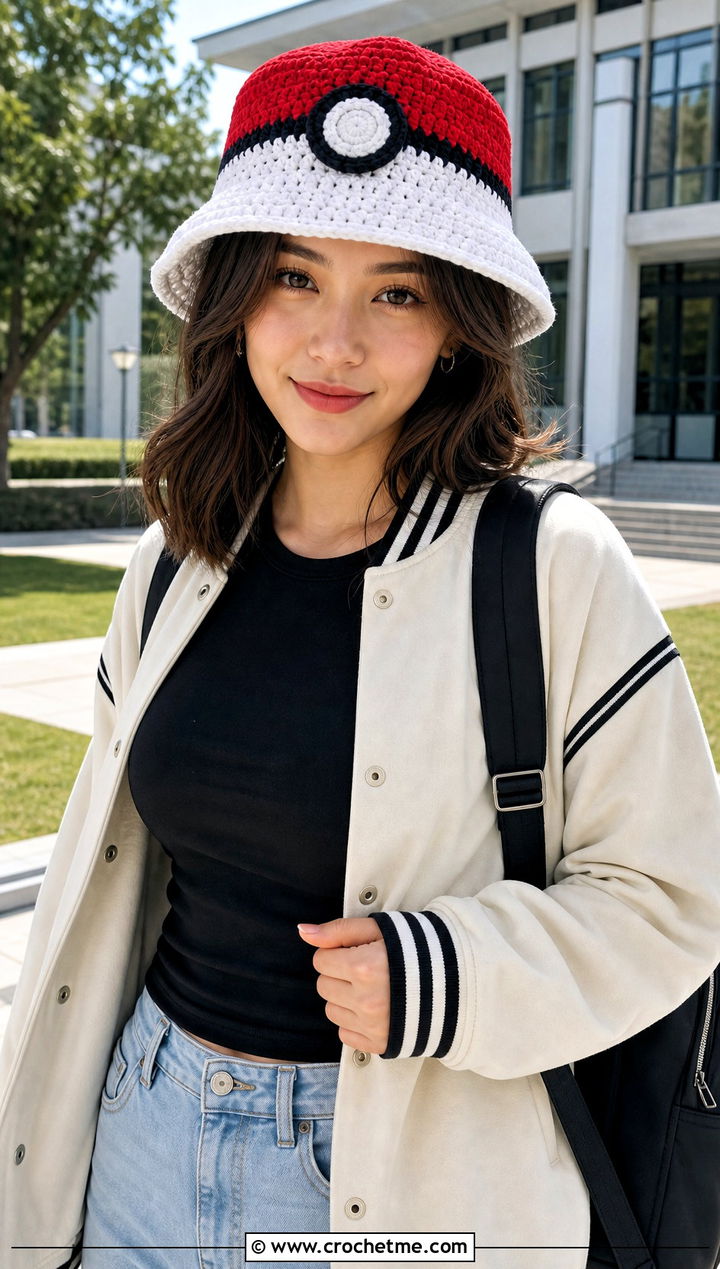 Pokeball Crochet Pokemon Bucket Hat With Varsity Jacket - 15 Crochet Pokemon Bucket Hat outfit ideas