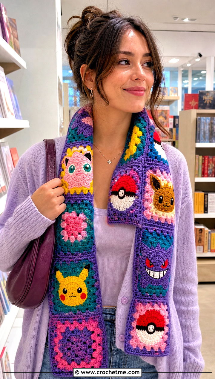 Pokemon Granny Square Scarf With Cardigan Set - 25 Crochet Pokemon Scarf outfit ideas