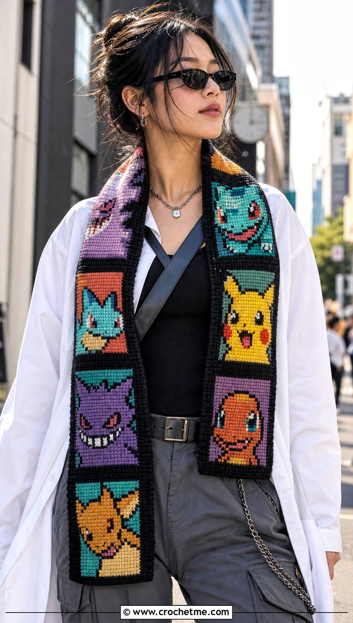 Pokemon Pixel Tapestry Scarf With Cargo Pants - 25 Crochet Pokemon Scarf outfit ideas