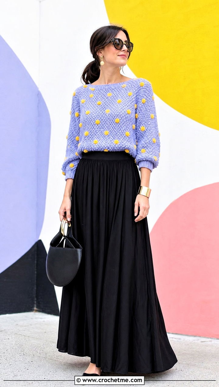 Polka Dot Crochet Sweater With Black Maxi Skirt - 25 Patterned Crochet Sweater outfit ideas