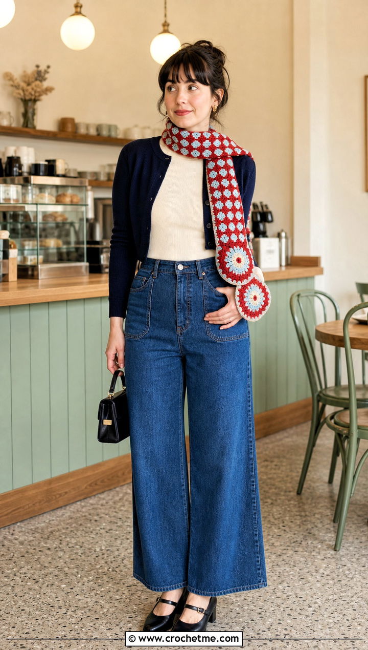 Polka Dot Tapestry Crochet Scarf With Retro Outfit - 35 tapestry crochet scarf outfit ideas