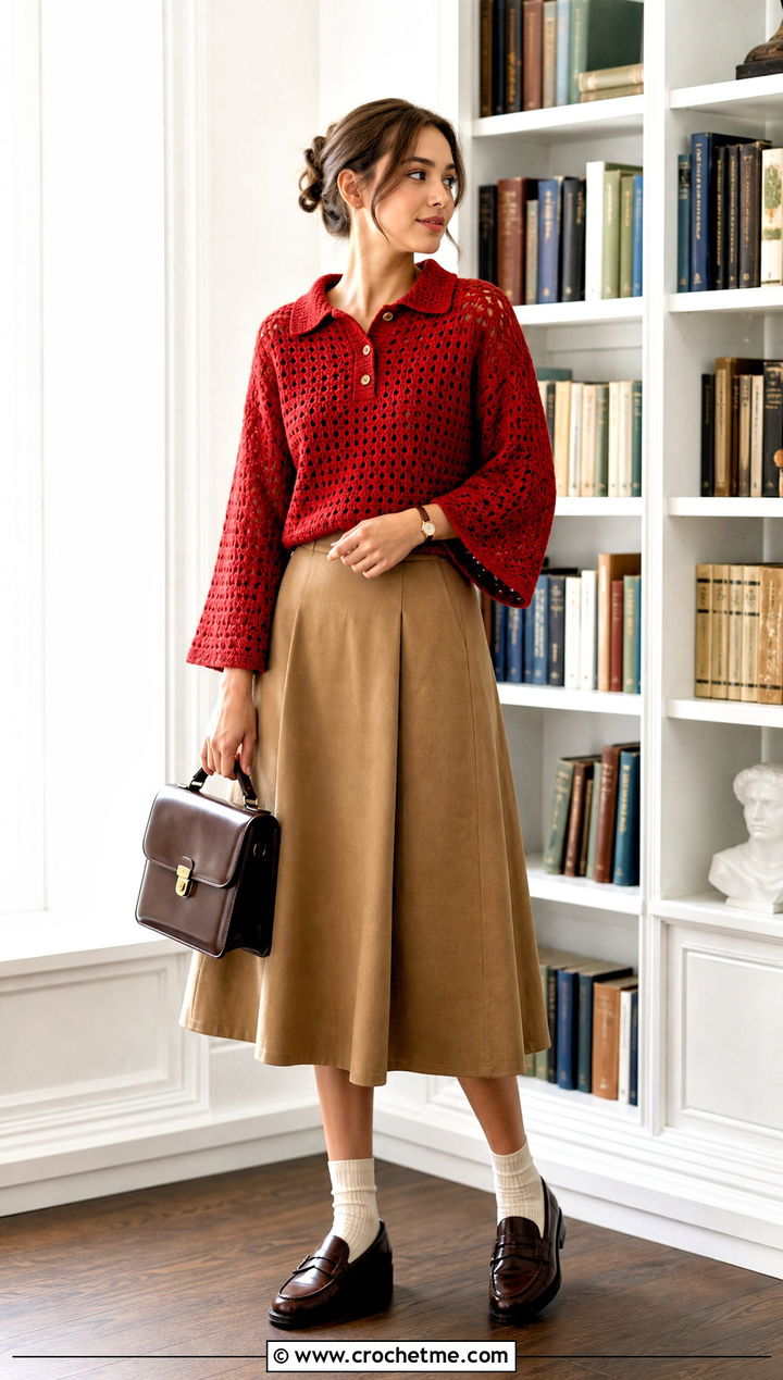 Polo Collar Bell Sleeve Crochet Sweater With A Line Skirt - 25 crochet sweater bell sleeves outfit ideas