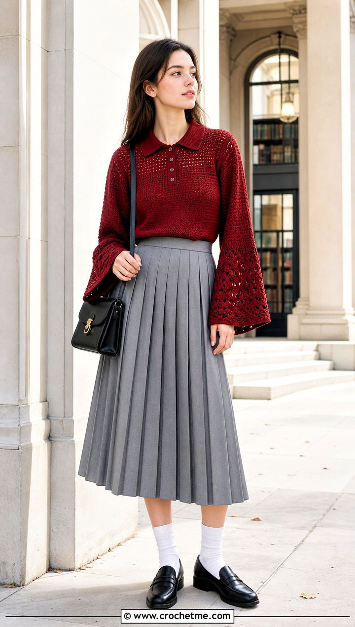 Polo Collar Bell Sleeve Crochet Sweater With Pleated Skirt - 25 bell sleeve crochet sweater outfit ideas