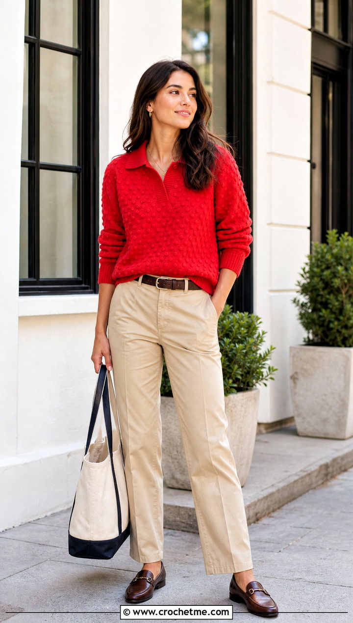 Polo Collar Bobble Sweater With Chino Pants - 25 crochet bobble sweater outfit ideas